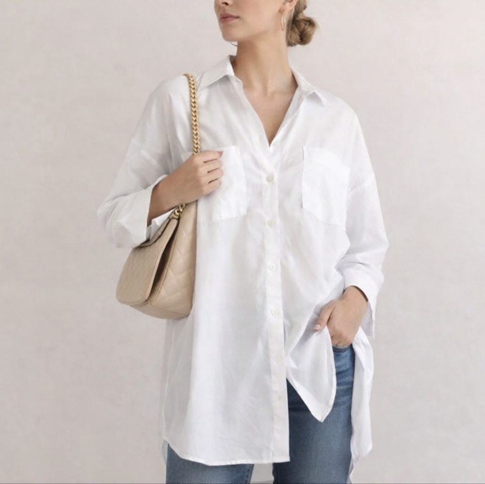 Ravel‎ White Oversized Button Down Shirt Tunic Pocket Relaxed Fit High Low Small